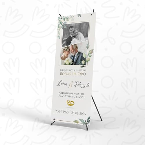 Photocall Bodas de Oro Personalizable con Fotos y Texto - Cartel Personalizado con Estructura Xbanner - Ideal para Decoracion del 50 Aniversario de Bodas de Oro o Regalo Aniversario (Modelo 1)