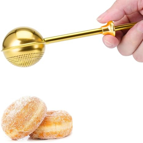 Poussière à farine et sucrier à une main, tamis de cuisson en acier inoxydable 304 pour sucre en poudre, farine et cacao, ramassage et poussière faciles, coffret cadeau idéal (doré)