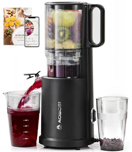 AOBOSI Juicer Machines, 135MM Large Feed Chute for Whole Fruits and Vegetables - 1.5L Capacity 200W Cold Press Juicer with Upgraded Auger, Safety lock and Triple Filter, Classic Black