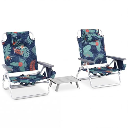 COSTWAY Set med 2 strandstolar med bord, hopfällbara campingstolar med justerbart ryggstöd och nackstöd, 2 dryckeshållare, förvaringsväska och axelremmar, lätta hopfällbara stolar (blomma och gräs)