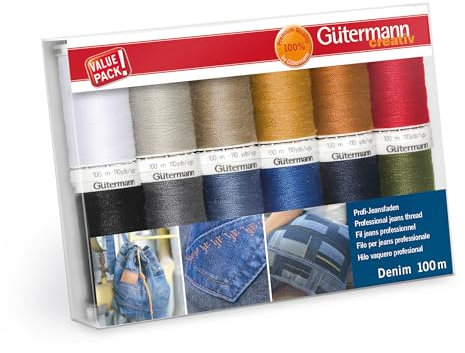 Gütermann creativ Nähfaden-Set mit 12 Spulen Profi-Jeansfaden Denim 100 m in den typischen Jeanssteppfarben