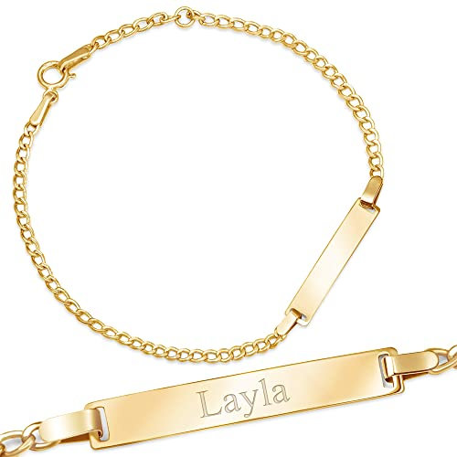 Maverton goldenes ID Kinderarmband mit Namen und Datum + personalisierte Geschenkbox mit Gravur - Weihnachtsgeschenke - Namensarmband für Kind zur Geburt zur Taufe - Länge: ca. 14-16 cm - 14 Karat
