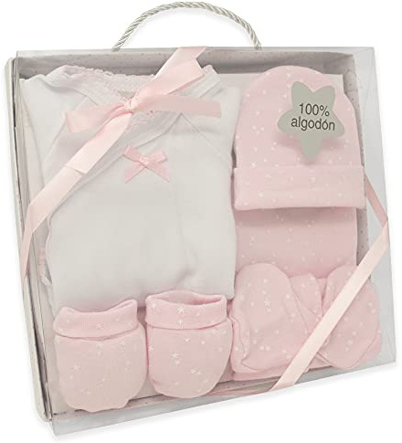 Duffi Baby Set Primera Puesta Bebe Recien Nacido 5 Piezas. Set Regalo Bebe Estrellas. Conjunto Primera Puesta Bebe con Chaquetita, Polaina, Gorro, Babero y Manoplas. 100% Algodon. Color Rosa
