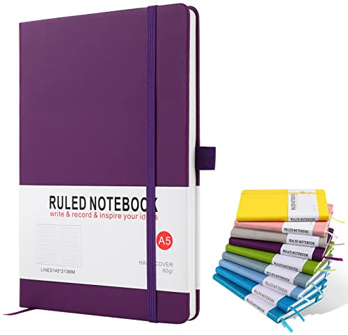 A5 Notebook, Journal Note Pad 200 Pages 80 GSM Journal Notebook Hardback Notepad with Lined Pages Composition Notebooks, Pen Loop and Expandable Paper Pocket, Journal Notepad Note Book- Purple