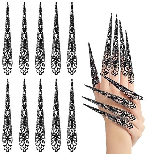 Anillos de uñas para Halloween, 10 Piezas Anillos de uñas Falsas de Punta de Dedo de Disfraz de Reina Antigua, Anillos de Garra para Punta de Dedo, Uñas Decorativas de Vampiro Mujeres