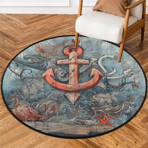 WowPrint Runde Teppiche Wohnzimmer, Vintage Ozean Anker Themenbereich Teppich Waschbar rutschfeste Bodenmatte Großer Teppich für Schlafzimmer 92cm