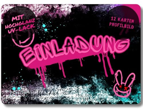 celebr8te 12x Graffiti Einladungskarten - Für den Kindergeburtstag von Mädchen - pinke Neon Graffiti Geburtstagseinladungen inkl. Messenger Bild & Urlaubsgutschein