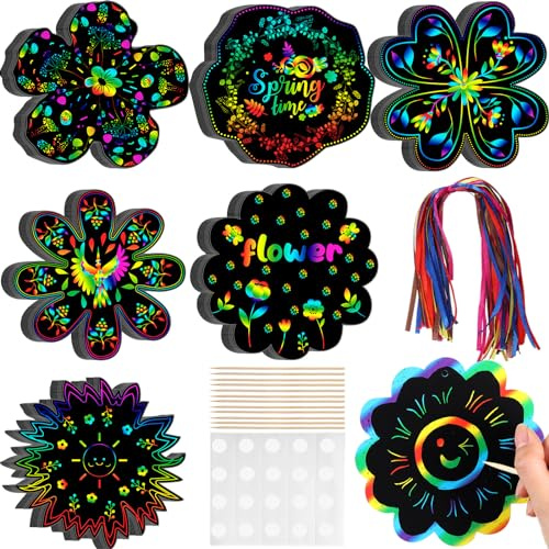 Hungdao 60 Pcs Flowers Scratch Cards Summer Scratch Paper for Kids Crafts with Bamboo Stylus and Ribbon for Home Classroom School DIY (Flower)