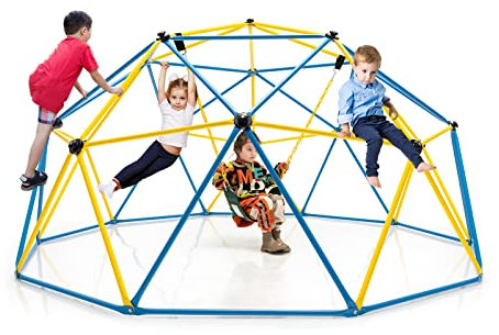 DREAMADE Kletterkuppel mit Schaukel, Spielturm für Kidner Garten Kletterleiter bis zu 360 kg belastbar, Klettergerüst Outdoor für Jungen und Mädchen ab 3 Jahren (Gelb)