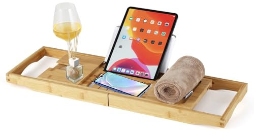 COSTWAY Table pour Baignoire Extensible en Bambou, Plateau de Baignoire avec Support pour Livre, iPad, Tablette, Verre à Vin, Étagère de Baignoire Réglable, Naturel
