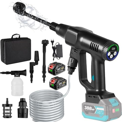 Idropulitrice a Batteria,Pressione Regolabile a 3 Stadi MAX 200bar,Idropulitrice Portatile con 6 In 1 Ugello Tubo da 5 M idropulitrice senza fili per Auto Pulire Giardino (Nero con 2 batterie)