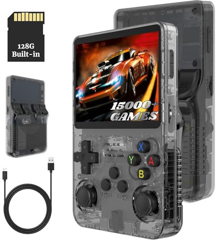 Bewinner 3,5-Zoll Retro Handheld Spielekonsole R36s, Videospielkonsole mit Dual Stylem Linux/Garlic Unterstützung, Retro Konsole mit Dual 3D Joysticks (Transparent Schwarz) (128G)