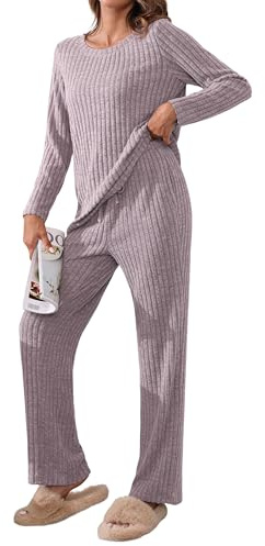 TIANZHU Women's Homewear Set Cozy Comfy Loungewear Pajamas for Women Ribbed Crewneck Casual Leisure Bedwear 2 Piece Set, Violet, Size 16-18