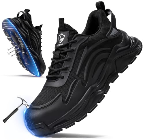 KGJIANDA Steel Toe Shoes for Men Work Shoes Men Steel Toe Shoe for Construction Anti Smash Shoe for Warehouse Lightweight Safety Indestructible Footwear for Industrial Black