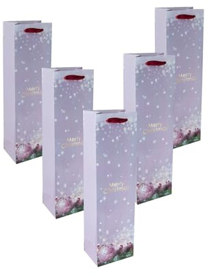 SIGEL GT127 - Sacchetto regalo bottiglia – blu/verde – palla di Natale – con inserto inferiore e manici in seta coordinati – plastica, cartone bianco, 10 x 35 x 8 cm, 5 pezzi