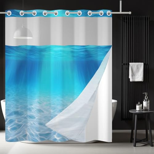 Ttincceer 152 x 183 cm duschdraperi utan krok med snape i foder undervattensvärld havsbotten dubbla lager duschgardiner set vattentäta badrum dekorativa gardiner med genomskinligt övre fönster