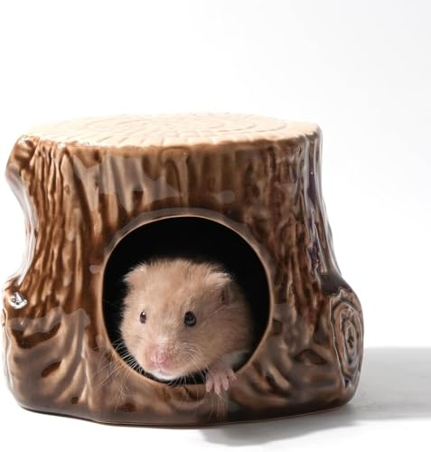 Kelivi Ceramic Hamster Hideout, Strawberry Hamster House and Habitat, Syrian Hamster Hideout Decor Cool Bed for All Season Gerbil, Mice Guinea Pig (Brown, Wood)