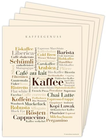 Deine Wörter Postkartenset - 5 Postkarten mit Kaffee Wörtern, einzigartiges Souvenir und kreative Geschenkidee - DIN A6
