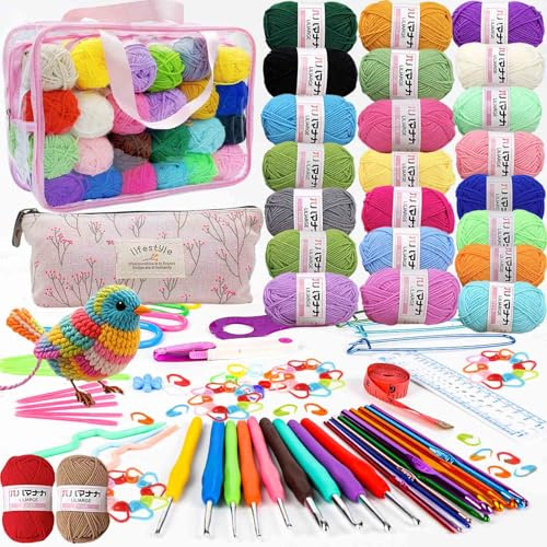 Crochet Yarn Double Knitting Wool Kit with 24pcsx25g Acrylic Yarn, 122pcs Crochet Kit with Bag Aluminum Crochet Hooks Stitch Markers for Beginners Adults for Crochet Knitting and Crafts (D-Pink)