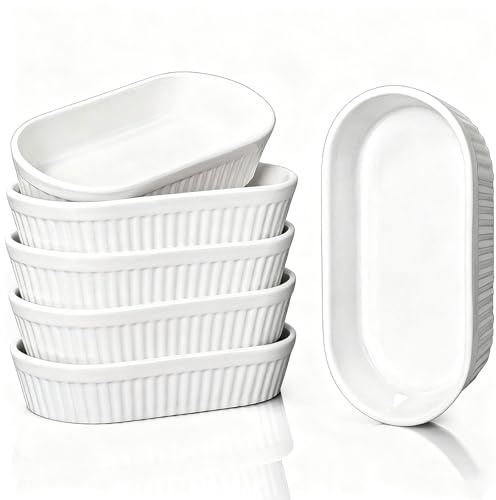 Juego de 6 moldes ovalados largos de porcelana, 240 ml, para helado, crema y postres, magdalenas, pasteles para postres y horneados, aptos para lavavajillas, color blanco