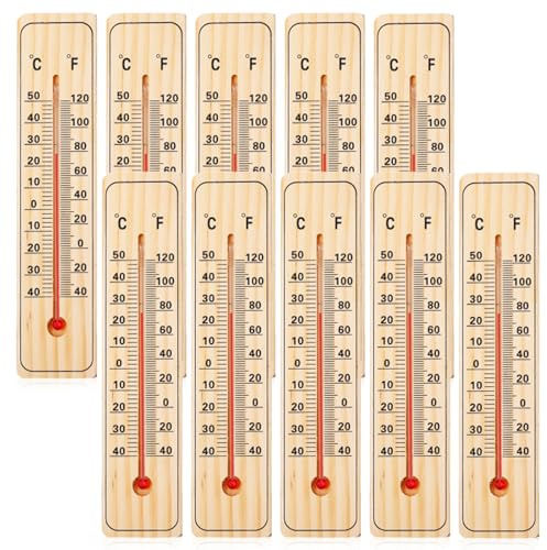 Lot de 10 thermomètres de jardin avec échelle Celsius et Fahrenheit - Thermomètre analogique d'extérieur - Station météo en bois de hêtre massif - Haute précision - Vues météorologiques - Entretien