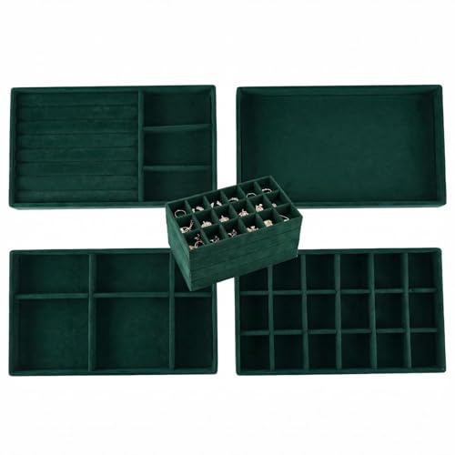 Insertos de cajón de joyería para cajones, bandeja de almacenamiento de joyas de terciopelo, bandejas apilables planas apilables, vitrina para anillos y collares (verde)