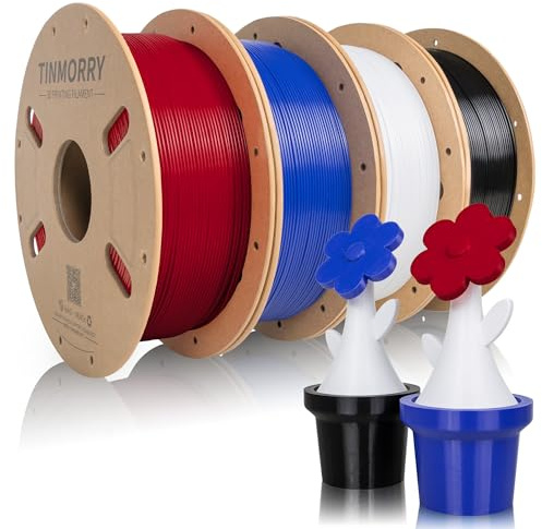 TINMORRY Lot de filaments PETG pour imprimante 3D, filament PETG-ECO de 1,75 mm, filament rapide PETG-Eco pour imprimante 3D, filament d'impression 3D, 1 kg x 4 couleurs, noir + rouge + blanc froid +