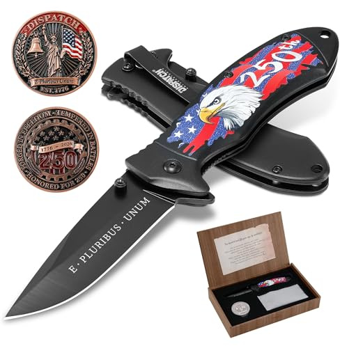 Dispatch 250th Anniversary Folding Pocket Knife Gift Set with Commemorative Coin and Stainless Steel Liner Lock in Premium Box (Black)