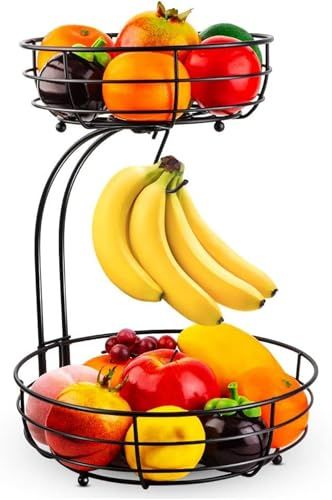 Cestino per frutta a 2 ripiani con porta banana in metallo – cesto frutta moderno da cucina, ciotola per frutta e verdura, cestino decorativo da appoggio, ideale per frutta, snack e pane