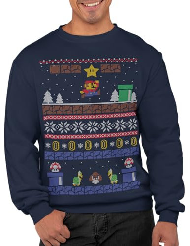 Graphic Impact Inspired Retro Gaming Freak Christmas Jumper Ugly Xmas Sweatshirts, navy, L