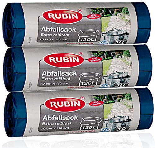 120 litros bolsas de basura para el hogar y la oficina – Extra resistente y resistente a líquidos – para casa, oficina y residuos de jardín – 3 Pack 30 bolsas (3 x 10 unidades)