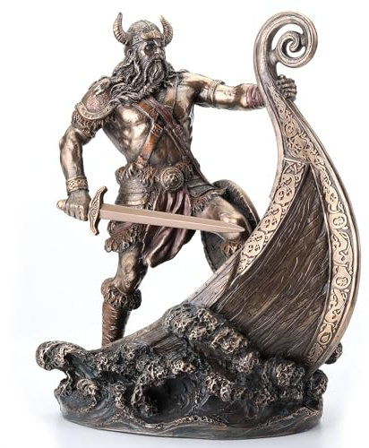 Veronese Design Statue de Guerrier Viking Nordique Debout sur Un Long Navire Finition Bronze Antique 24,1 cm