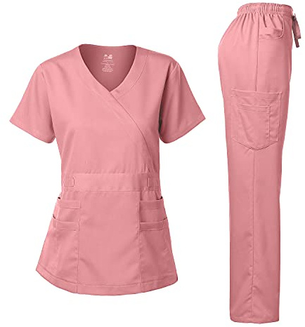 Dagacci Medical Uniform Women's Scrubs Set Stretch Ultra Soft Y-Neck Wrap Top and Pants Powder Pink XL