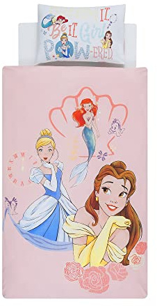 Disney Home Princess Reversible Two Sided Duvet Cover Set,100% Cotton,Single Size,2 Pieces,Multi Coloured,135x200cm+50x70cm (54x79 inches)