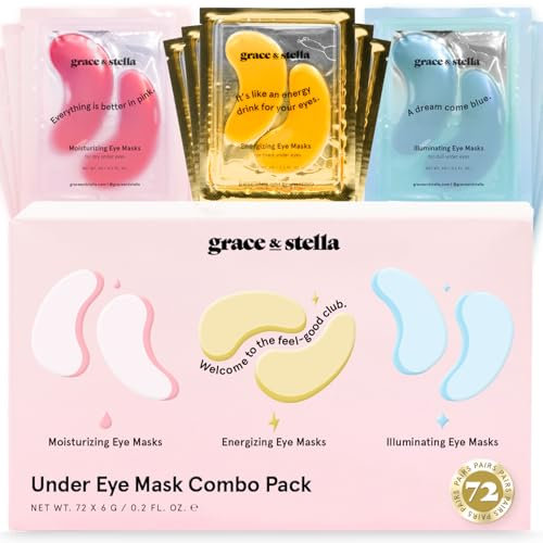 grace & stella - Augenpads gegen Augenringe, Aufhellende Eye Pads gegen Tränensäcke und Falten, Kühlende und Erfrischende Augen Pads Masken, Gel-Eyepads, 72 Paare, Gold, Rosa, Blau