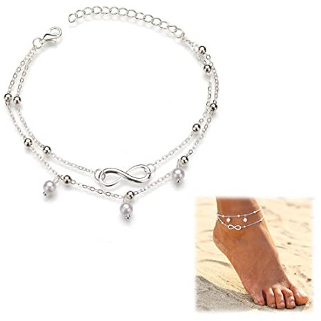 AIQPZ Silbernes Unendlichkeitszeichen Fußkettchen，925 Sterling Silber Doppeltes Längenverstellba Fußkettchen Titanium Stahl Glocke Fußkettchen Edelstahl Bohemian Fußkettchen Strand Damen