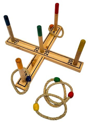 BUSDUGA 4374 Ringwurfspiel Holz mit 5 Ringen, Geschicklichkeitsspiel für Kinder und Erwachsene, Outdoorspiel Wurfkreuz