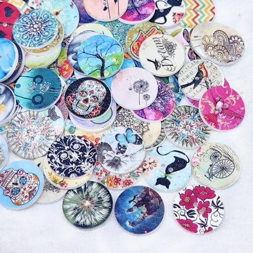 Libiline 100pcs 20/25/30mm Mix Pattern Wood Buttons 4 Holes Craft Clothes Sewing Button (25mm(1), Multi-Color)