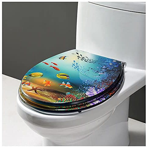 Langsam schließender Toilettensitz aus Kunstharz in Premium-Qualität mit echten Muscheln und Sand – universeller Bezug vom Typ U/V/O, robuster Deckel für das Kunsterlebnis der Ocean-Serie