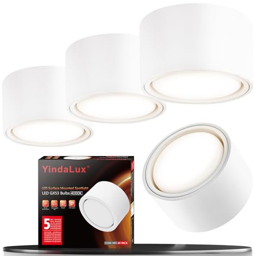 YindaLux 4 Pack Matt White Aluminium LED Surface-Mounted Spotlights, 6W 660LM, 3000K, 120° Beam Angle, 30,000Hr Lifespan, Suitable for Living Room, Bedroom, Kitchen, Office