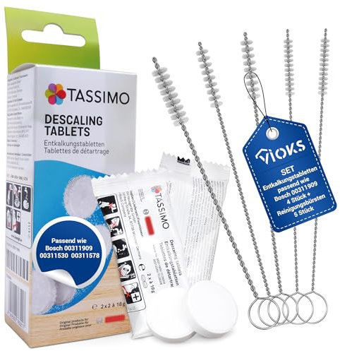 VIOKS Set di 4 compresse anticalcare per 2 applicazioni di ricambio per Bosch Siеmens 311909 pastiglie anticalcare + 5 spazzole per la pulizia – Detergente anticalcare con spazzole Set per macchine da