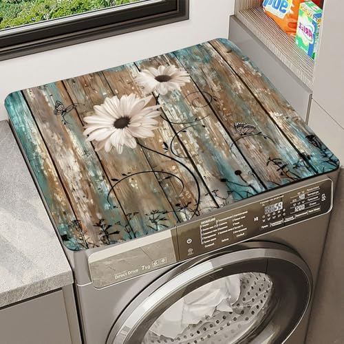Funda Lavadora Estera Protectora 60x60cm, Cubre Lavadora Top Alfombrillas Antideslizantes, Funda Lavadora Carga Superior Protector Lavadora para Lavadora,Secadora,Frigorífico (Margarita blanca)