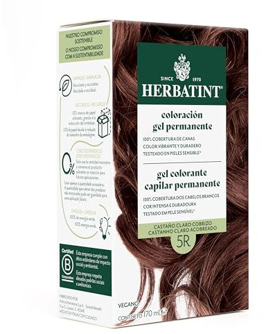 Herbatint Tinte Permanente para Cabello 5R Castaño Claro Cobrizo - 170 ml | Sin Amoníaco, Cobertura Óptima de Canas | Dermatológicamente Probado, con 8 Extractos Naturales