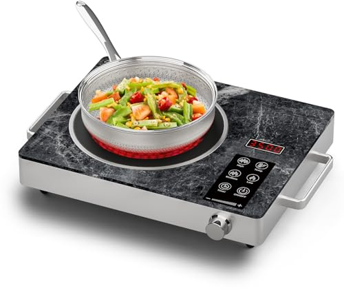 Borrallio Placa de Inducción Individual 3500W, Placa Eléctrica Portátil de Infrarrojos con Cristal de Mármol, Horno Eléctrico de Sobremesa con Temporizador y Control de Mando,220V