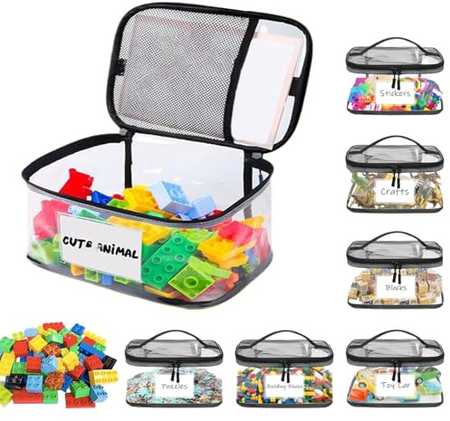 Fierudeng Lot de 6 sacs de rangement pour jouets, sacs de transport transparents, réutilisables et étanches à fermeture éclair pour la maison, la chambre d'enfant, le salon, l'école, la voiture, les