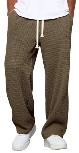Pantaloni da uomo con trama a nido d'ape, tinta unita, design a gamba larga, tessuto leggero, traspirante, per escursioni e uso quotidiano, elastico in vita