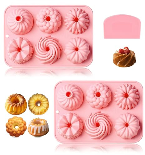HPiano 2 stycken Gugelhupf-formar silikon små bakformar, liten savarinform silikon återanvändbar, 6 tråg kakpanna, Gugelhupf-form med krabber för kex, bagels, muffins