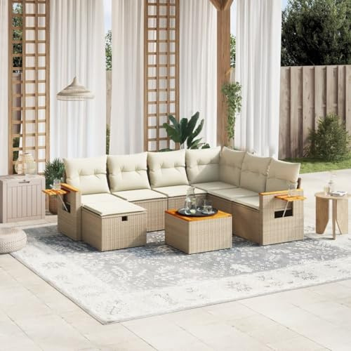 JHQHSM Ensemble de canapé de jardin 8 pièces avec coussins beige en polyrotin - Design modulaire pour terrasse et cour - Rotin synthétique durable avec cadre en acier stable - Groupe de sièges