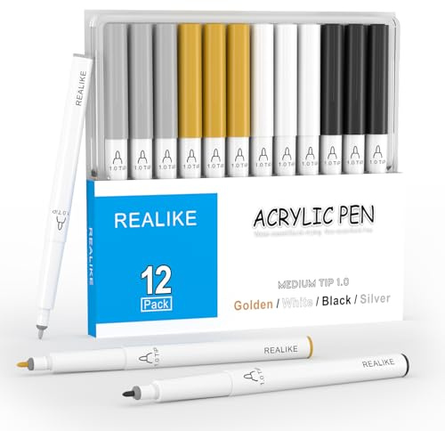 REALIKE Akrylfärg Markers pennor för tyg, sten, trä, duk, papper, sten, keramik, glas och konsttillbehör 1,0 mm medelstora spetsar guld silver vit färg märkpenna