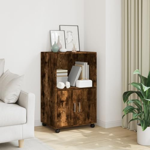 Mokuyary Rolling Cabinet Smoked Oak 55 x 40 x 91 cm Wood Material Rolling Container, Mobile Filing Cabinet with Wheels, Office Container, Side Table for Living Room, Office